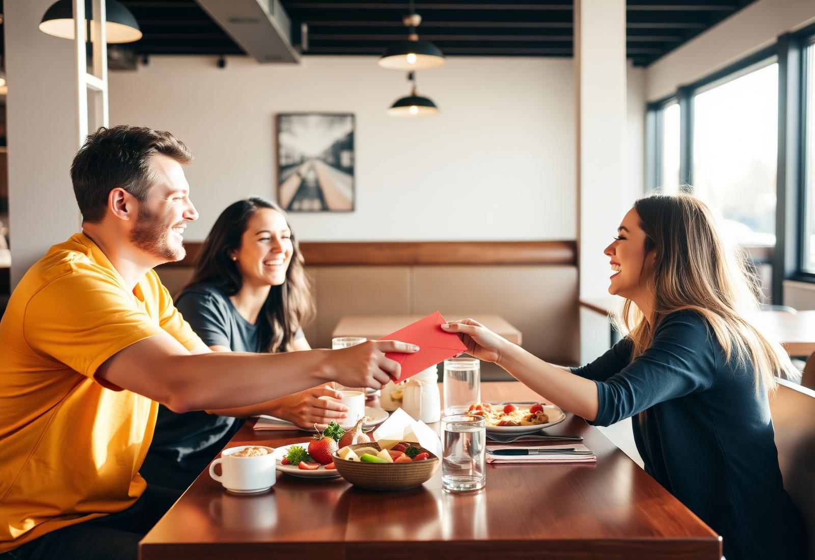 Friends at a restaurant table passing a gift voucher across to each other
